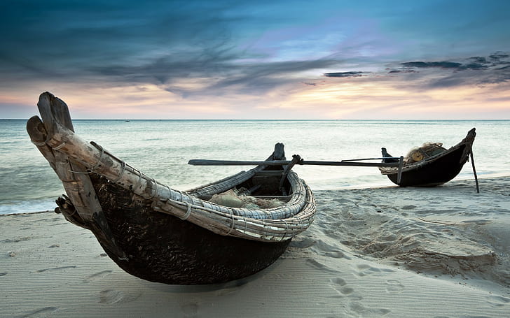 Boat, sand, sea, 2 white and black row boats, boat, sand, Sea, HD wallpaper