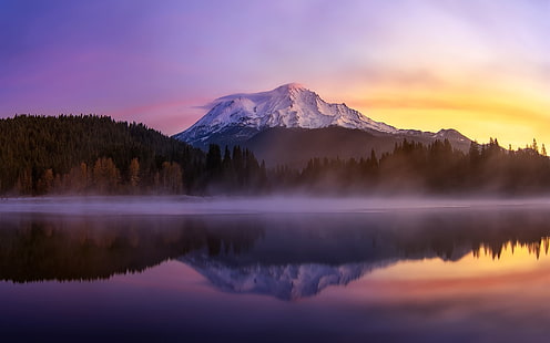 EUA, Califórnia, monte Shasta, lago, manhã, nevoeiro, EUA, Califórnia, Shasta, lago, manhã, nevoeiro, HD papel de parede HD wallpaper