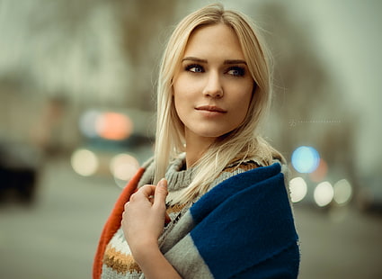 жени, блондинка, лице, портрет, дълбочина на рязкост, поглед встрани, сини очи, пуловер, Ева Микулски, HD тапет HD wallpaper