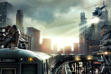 the sky, rays, the city, people, rails, train, home, chase, Chicago, helicopter, phone, cap, cloak, mobile, sweater, Watch Dogs, Ubisoft Montreal, Aiden Pierce, Aiden Pearce, Watchdogs, HD wallpaper HD wallpaper