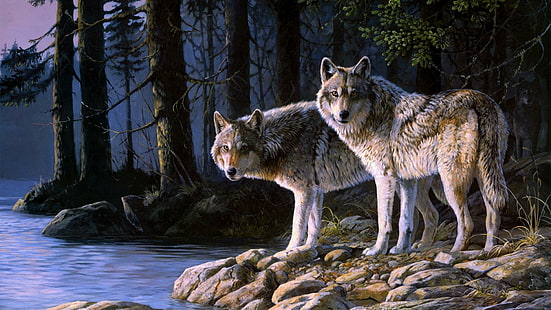 painting, wolves, wolf, forest, HD wallpaper HD wallpaper