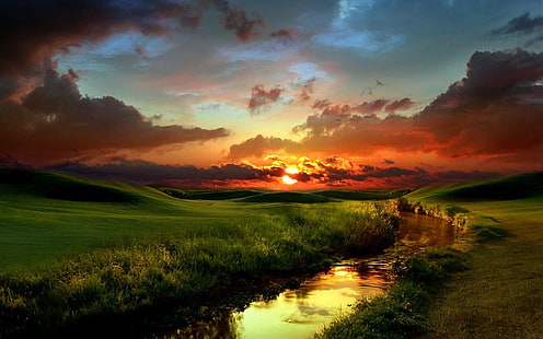 amanecer, naturaleza, nubes, rio, verde, Tapety HD HD wallpaper