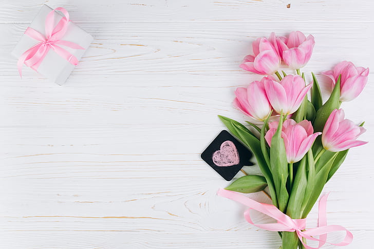 Love, flowers, gift, tulips, pink, fresh, heart, wood, beautiful, romantic, HD  wallpaper | Wallpaperbetter