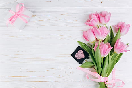  love, flowers, gift, tulips, pink, fresh, heart, wood, beautiful, romantic, spring, with love, tender, HD wallpaper HD wallpaper