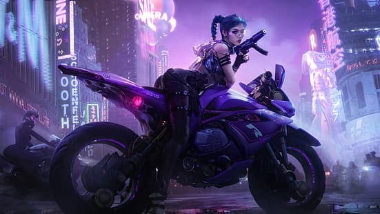 فتاة راكب الدراجة النارية ، سايبربانك ، فتاة مع سلاح، خلفية HD HD wallpaper