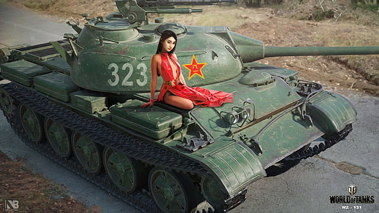 World of Tanks обои, дорога, девушка, рисунок, легкая, платье, арт, танк, азиатка, в красном, китайская, World of Tanks, Никита Боляков, WZ-131, HD обои HD wallpaper