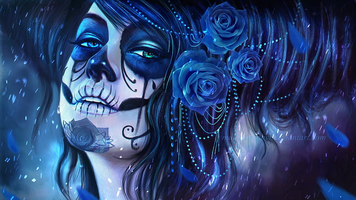 sztuka fantasy, Dia de los Muertos, dziewczyna, niebieskie kwiaty, twarz, kobiety, grafika, róża, kobiecy dzień zmarłych portret, sztuka fantasy, dia de los muertos, dziewczyna, niebieskie kwiaty, twarz, kobiety, grafika, róża, Tapety HD