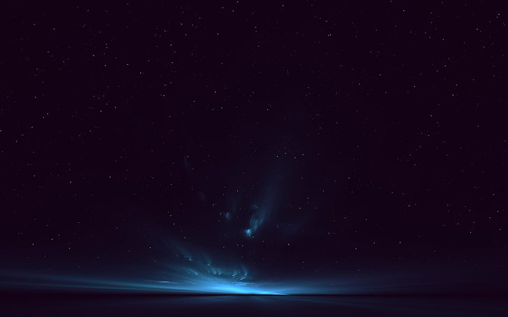 ciel bleu phénomène papier peint numérique, ciel sombre avec des éruptions lumineuses blanches, espace, nuages, aurores, sombre, bleu, bleu foncé, étoiles, noir, ciel, paysage, art de l'espace, art numérique, Fond d'écran HD