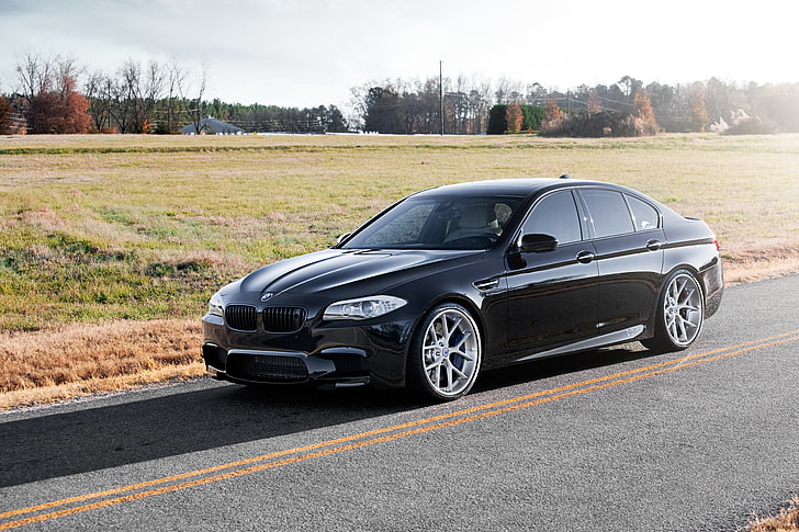 black BMW sedan, field, black, BMW, shadow, side view, f10, HD wallpaper