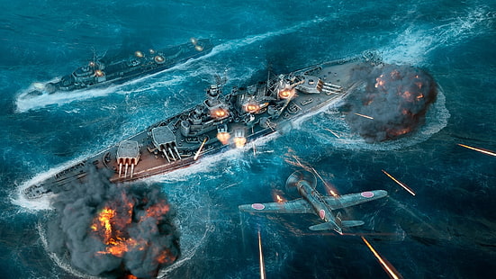 gray battleship and planes digital wallpaper, Water, The plane, Smoke, Fire, Fighter, Ship, Ships, Flame, Shot, Wargaming Net, WoWS, World of Warships, The World Of Ships, HD wallpaper HD wallpaper