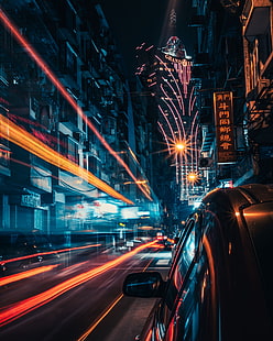 Simon Zhu, Makau, neon, malam, lanskap kota, jalur cahaya, pencahayaan panjang, perkotaan, mobil, Cina, Wallpaper HD HD wallpaper