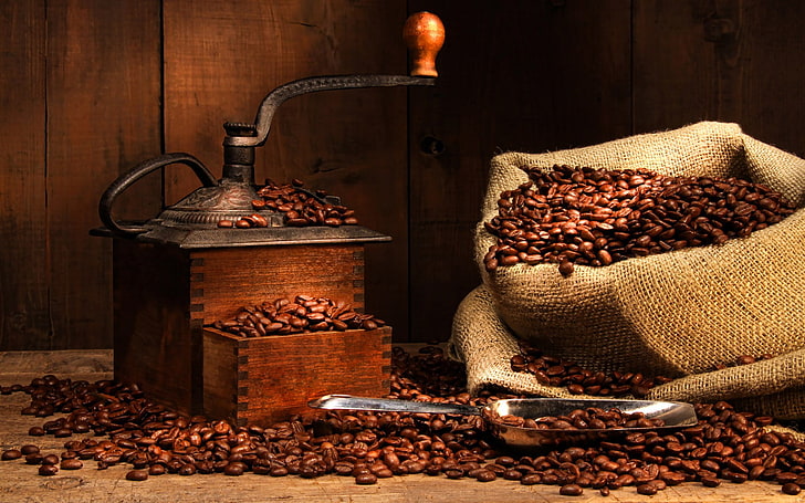 реколта кафява и черна ръчна кафемелачка, фотография, кафе, HD тапет