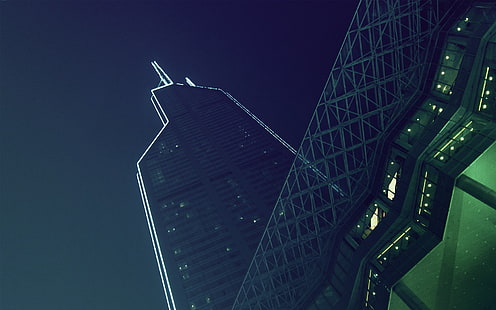 edificio alto, urbano, ciudad, arquitectura, fotografía, rascacielos, noche, edificio, vista de gusano, Fondo de pantalla HD HD wallpaper