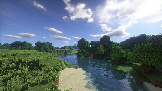 vita och blåa träd nära vattenmålning, landskap, Minecraft, shaders, river, HD tapet HD wallpaper
