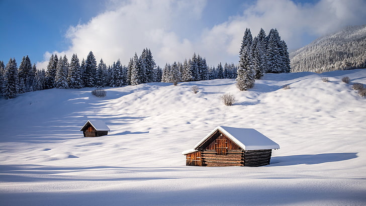snow, winter, sky, cloud, freezing, pine, mountain, tree, arctic, frost, landscape, log cabin, HD wallpaper