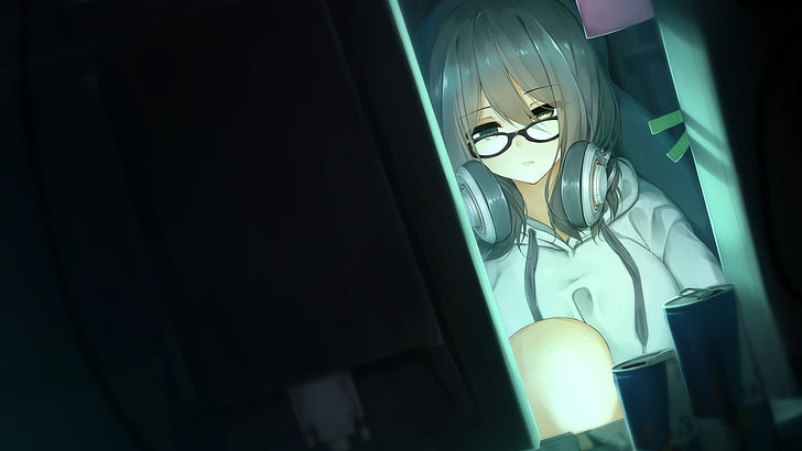 anime, anime girls, headphones, glasses, sweater, HD wallpaper