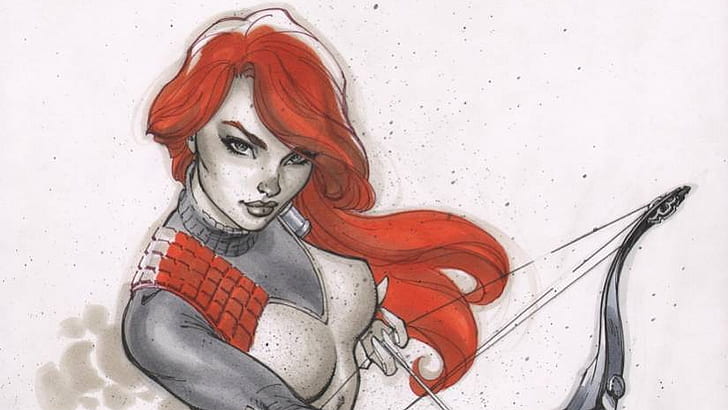 Scarlett HD, wanita berambut merah memegang ilustrasi busur komposit, komik, scarlett, Wallpaper HD
