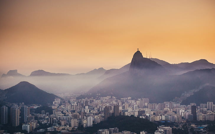 Botafogo, Rio de Janeiro, pegunungan, kabut, malam, Rio de Janeiro, Corcovado, Botafogo, Christ, Wallpaper HD
