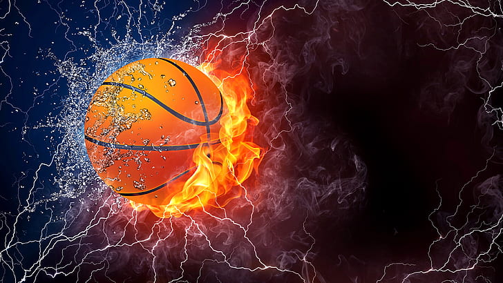 баскетбол, огонь, капли воды, пламя, фэнтези, HD обои