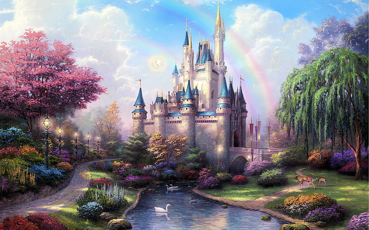 Disney Castle dijital duvar kağıdı, göl, kale, bahçe, HD masaüstü duvar kağıdı