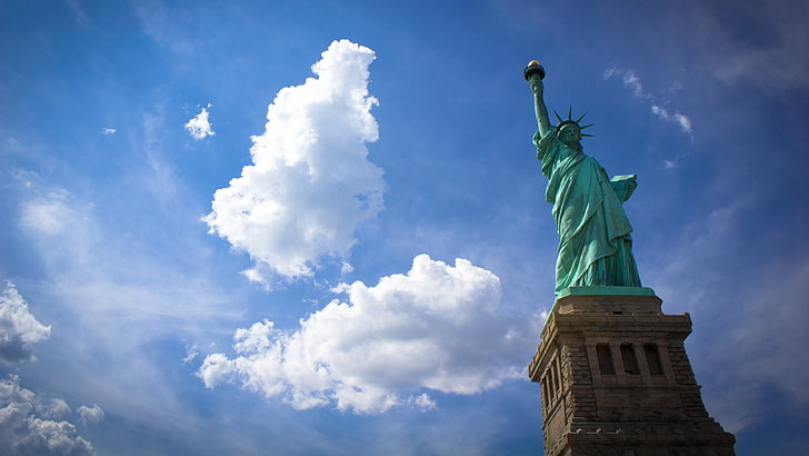 Cidade de nova york, estátua, estátua liberdade, nuvens, HD papel de parede