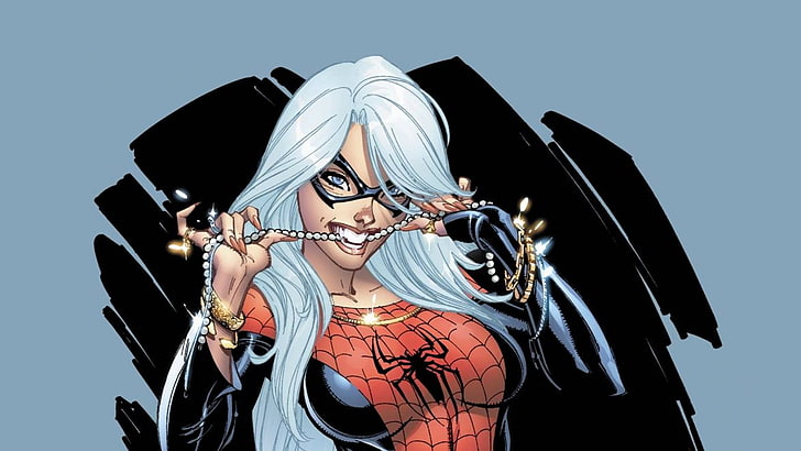 Spider-Woman morde una carta da parati digitale di gioielli, illustrazione, Marvel Comics, Black Cat (personaggio), costumi, J. Scott Campbell, fumetti, fumetti, Sfondo HD