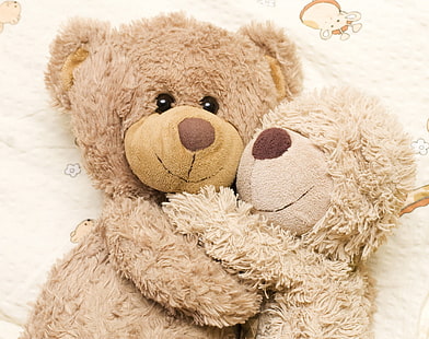 two brown bears plush toys, toys, teddy bears, hugging, love, HD wallpaper HD wallpaper