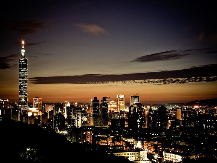 Тайбэй, небо, огни, городской пейзаж, HD обои