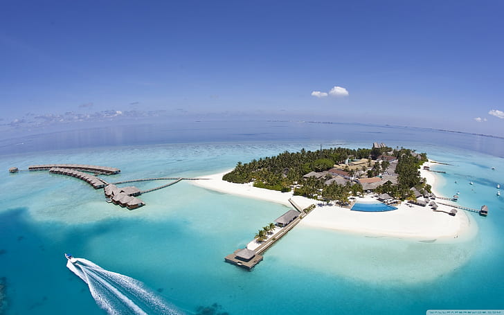 Island Tropical Resort Boat Aerial HD, природа, лодка, тропически, остров, въздушен, курорт, HD тапет