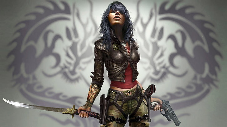 женщина держит меч и винтовку аниме персонажа, фэнтези арт, мокрая (видеоигра), видеоигры, HD обои