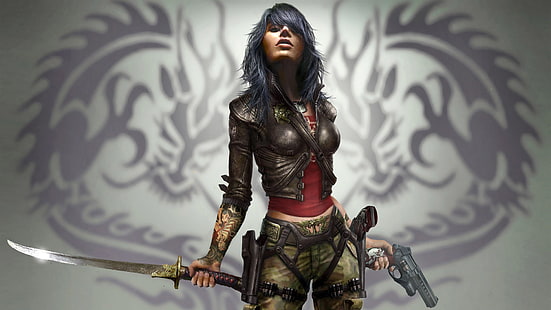 женщина держит меч и винтовку аниме персонажа, фэнтези арт, мокрая (видеоигра), видеоигры, HD обои HD wallpaper