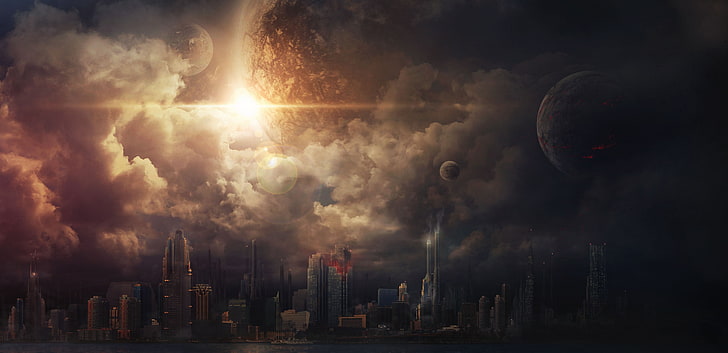 building under cloudy sky and planet digital wallpaper, digital art, eclipse , space art, apocalyptic, HD wallpaper