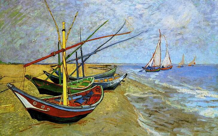 multicolored sailboats painting, sea, the sky, landscape, shore, picture, boats, Vincent Van Gogh, HD wallpaper