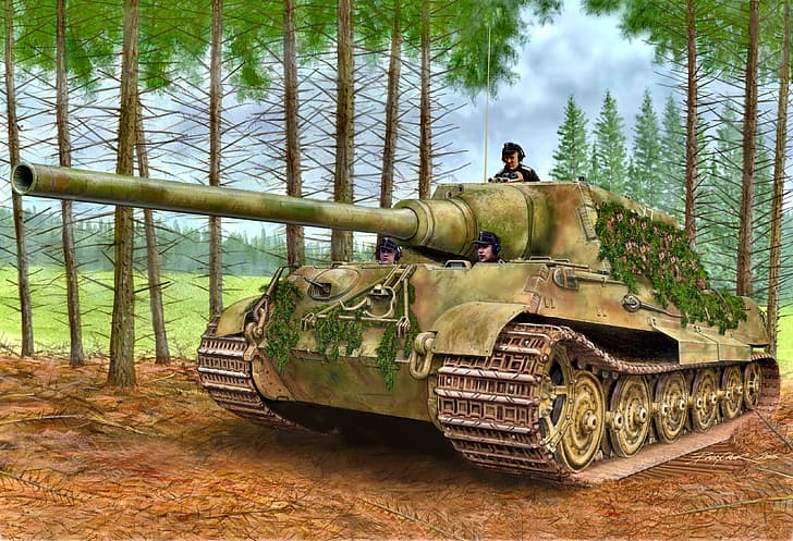 гора, самоходна артилерия, тежка, Jagdtiger, немска, клони на дървета, клас разрушители на танкове, маскиране, HD тапет