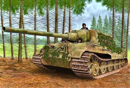leśna, artyleria samobieżna, ciężka, Jagdtiger, niemiecka, gałęzie drzew, niszczyciele czołgów klasowych, maskowanie, Tapety HD HD wallpaper