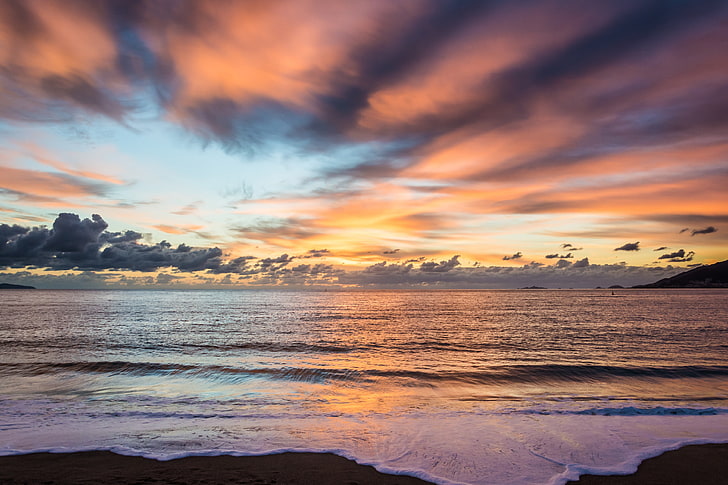 غروب الشمس ، البحر ، كورسيكا ، الشاطئ، خلفية HD
