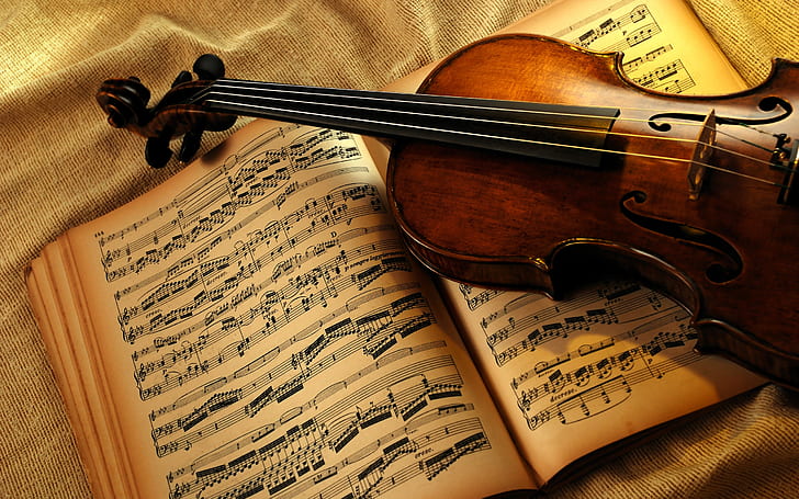 Старая скрипка и книга, буквы, заметки, страницы, инструмент, музыка, классика, фон, винтаж, HD обои