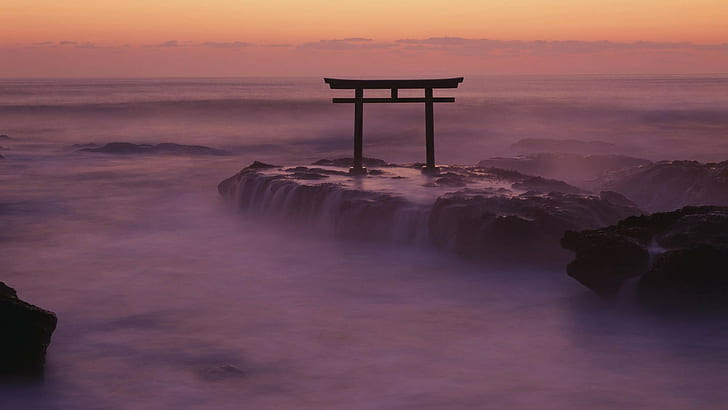 stones, torii, sea, landscape, Japan, sunset, Asia, nature, waves, horizon, long exposure, rock, HD wallpaper