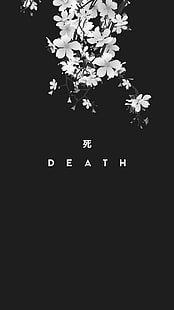 black background with text overlay, death, dark, kanji, Japan, HD wallpaper HD wallpaper