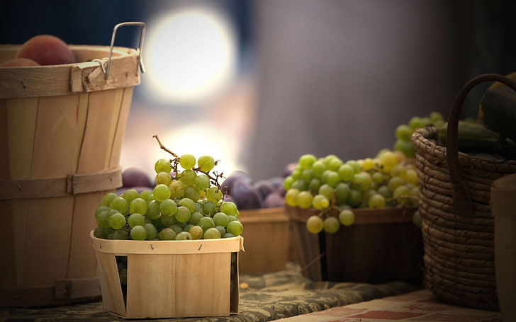 several basket of grapes, grapes, buckets, fruit, HD wallpaper