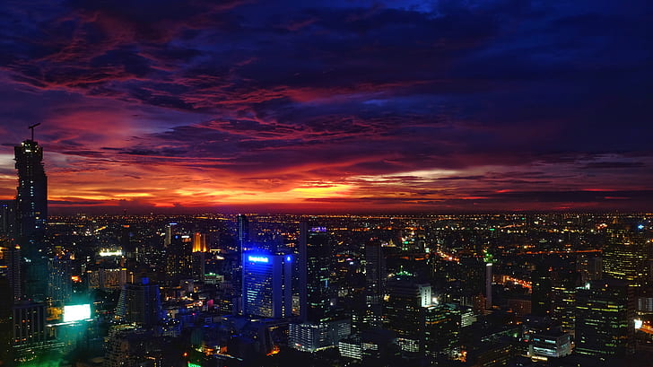 nattstad, solnedgång, byggnader, stadsljus, bangkok, HD tapet