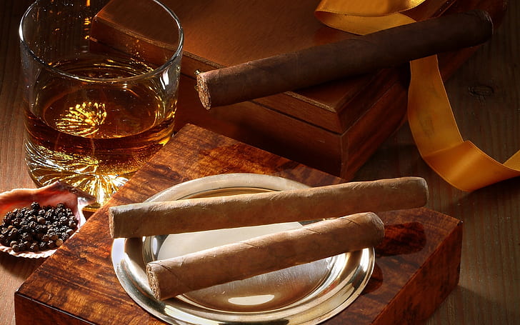 Whisky e sigari, whisky, sigari, vetro, Sfondo HD