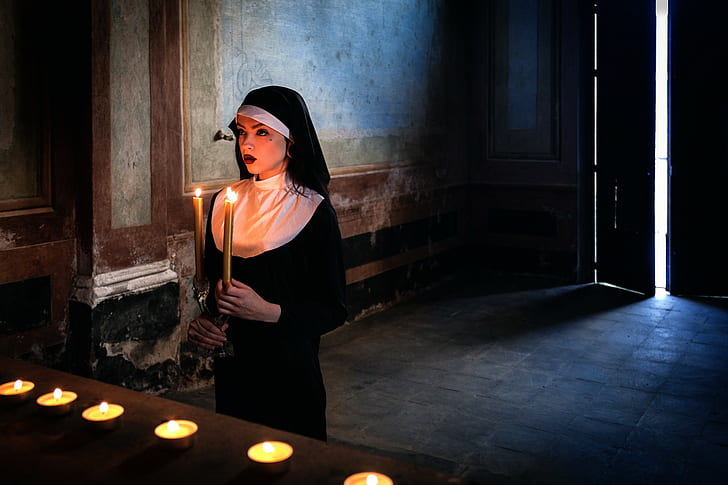 nuns, candles, women, model, HD wallpaper