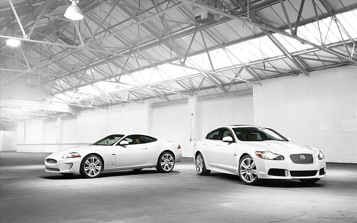 2010 Jaguar XFR, white sedan and white coupe, 2010, jaguar, cars, HD wallpaper