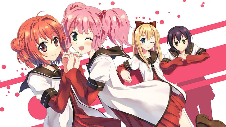 four female anime characters, girl, funny, smile, misunderstanding, background, HD wallpaper