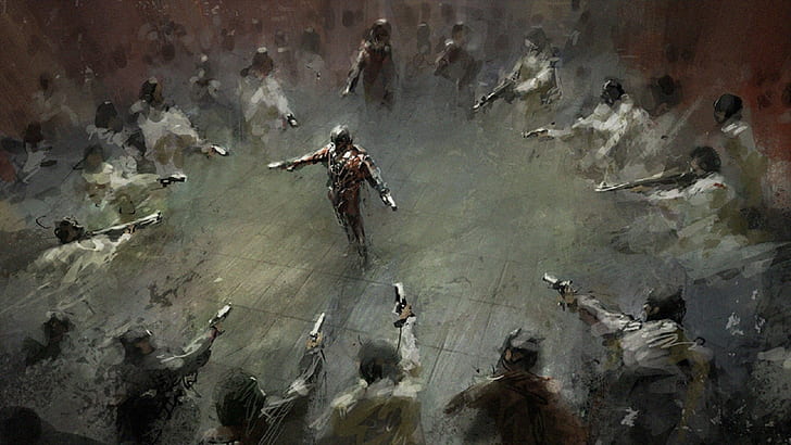 orang-orang menunjuk senjata pada lelaki berdiri yang memegang dua pistol lukisan, seni digital, asap, dikelilingi, Dicari, Wallpaper HD