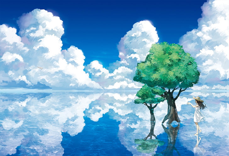 kvinna som står nära trädmålning, fantasikonst, träd, moln, himmel, vit klänning, solhattar, vatten, HD tapet