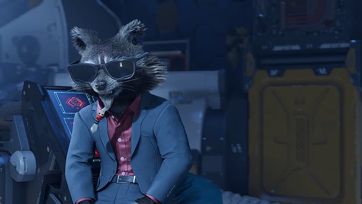 Guardians of the Galaxy (Game), Milano (spacecraft), raccoons, suits, sunglasses, Rocket Raccoon, CGI, screen shot, smiling, HD wallpaper