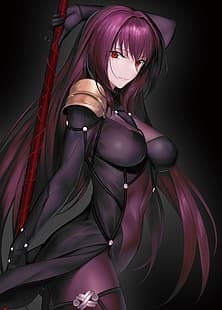Série Fate, Fate/Grand Order, Scathach, cheveux longs, anime, anime girls, cheveux violets, lance, Fond d'écran HD HD wallpaper