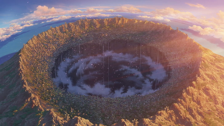 кратер на вулкан, околна среда, град, бездна, Произведено в Бездна, аниме, HD тапет